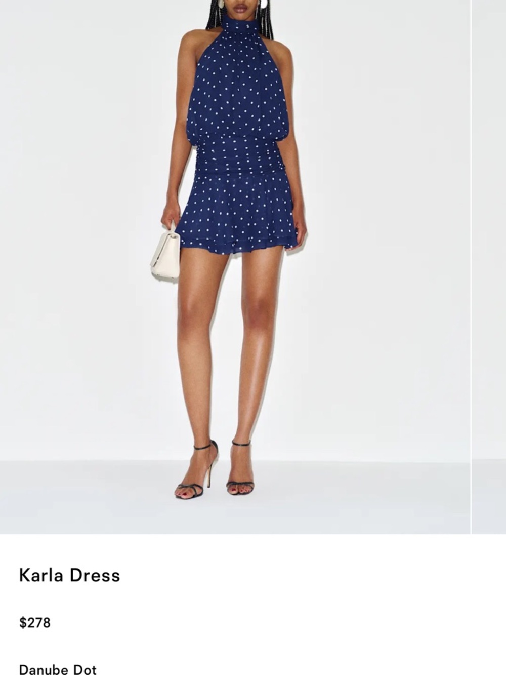 Reformation Karla Halter Backless Mini Dress in Navy with White Dots